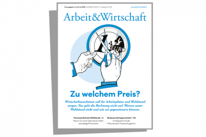 Cover zur Wohlstandsausgabe mit dem Titel "Zu welchem Preis?". Auf der Illustration ist zu sehen, wie eine Person mit einer Schere eine Euromünze durchschneidet.