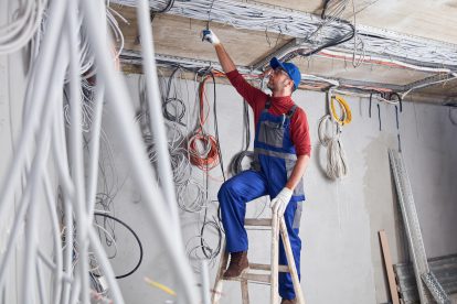 Ein Elektroinstallateur auf eine Baustelle verlegt Kabel. Elektroinstallateur Kagerer hat durch eine Arbeitszeitverkürzung eine 4-Tage-Woche durchgeführt.