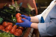 Eine Verkäuferin trägt Handschuhe und hält Tomaten in der Hand. Symbolbild für die Herbstlohnrunde 2024